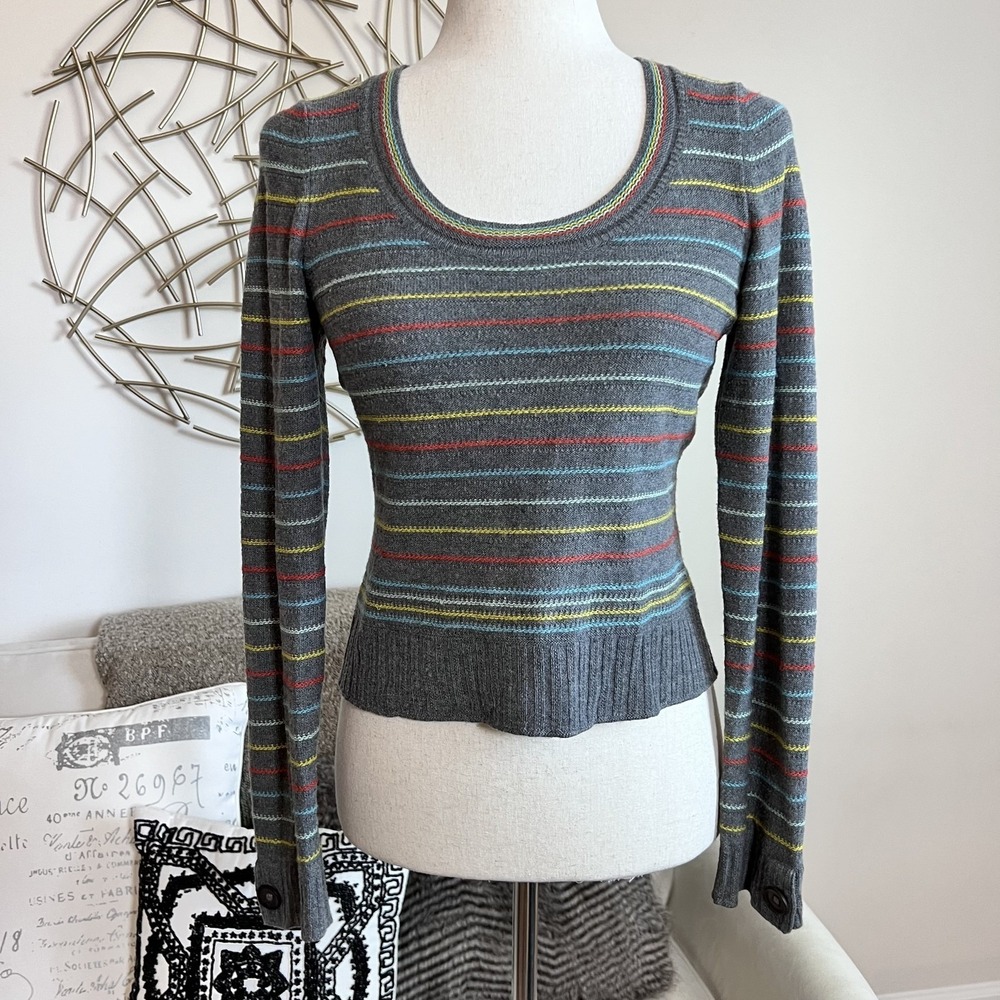 Anthropologie Sweater Womens Gray Striped Wool Cashmere Scoop Neck Pullover - Picture 2 of 9